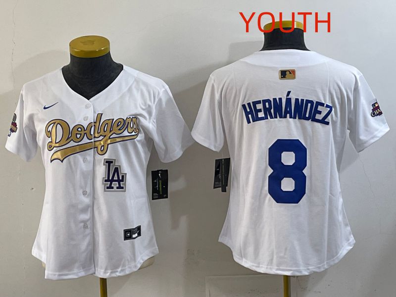 Youth Los Angeles Dodgers #8 Hernandez White Champion edition Nike MLB Jersey style 006